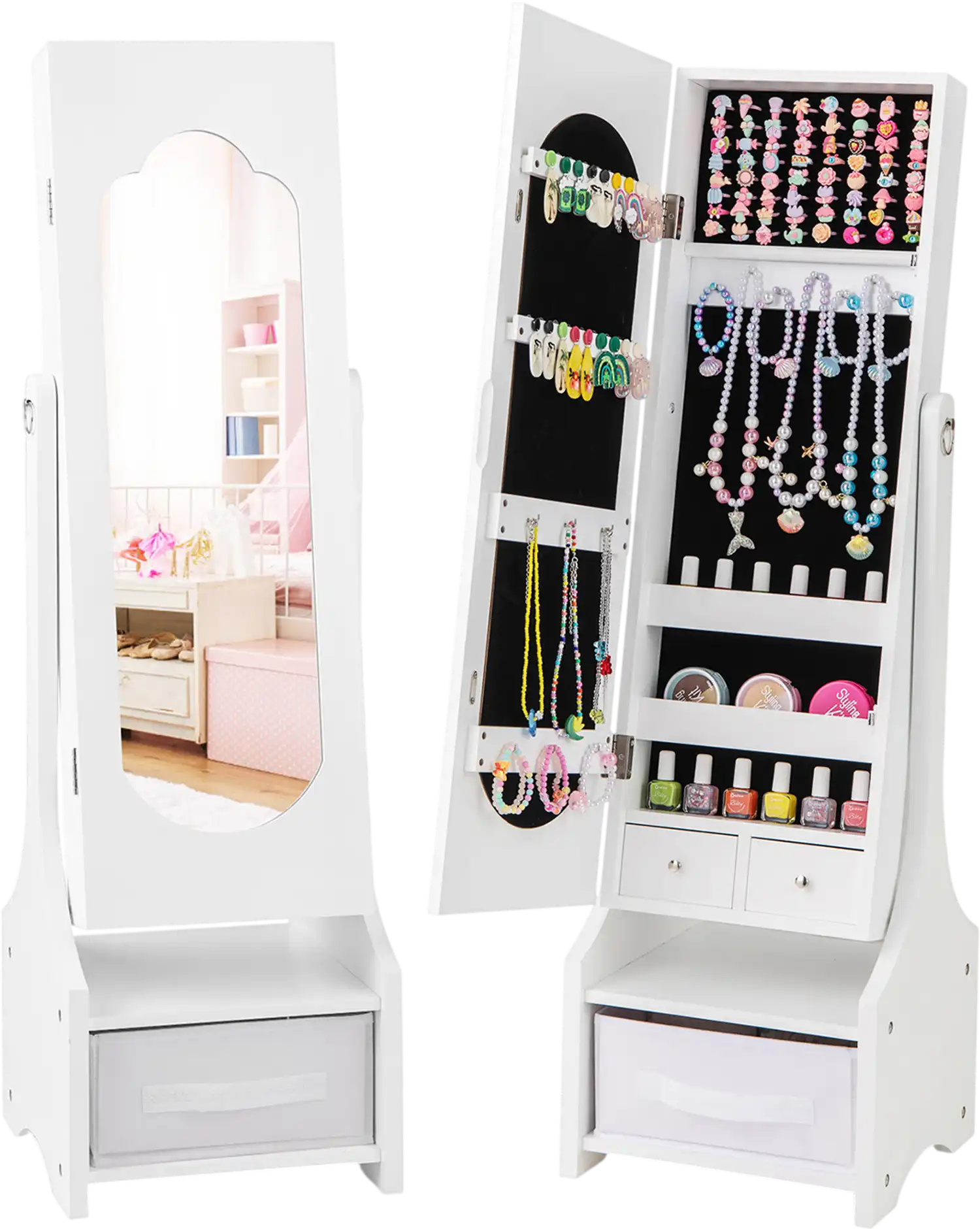 Costway Kids Jewelry Armoire Cabinet w/ Storage 2 Tilt Angles 83146257 New