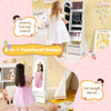 Freestanding kids jewelry armoire cabinet with full-length mirror, white finish, and multiple storage compartments.