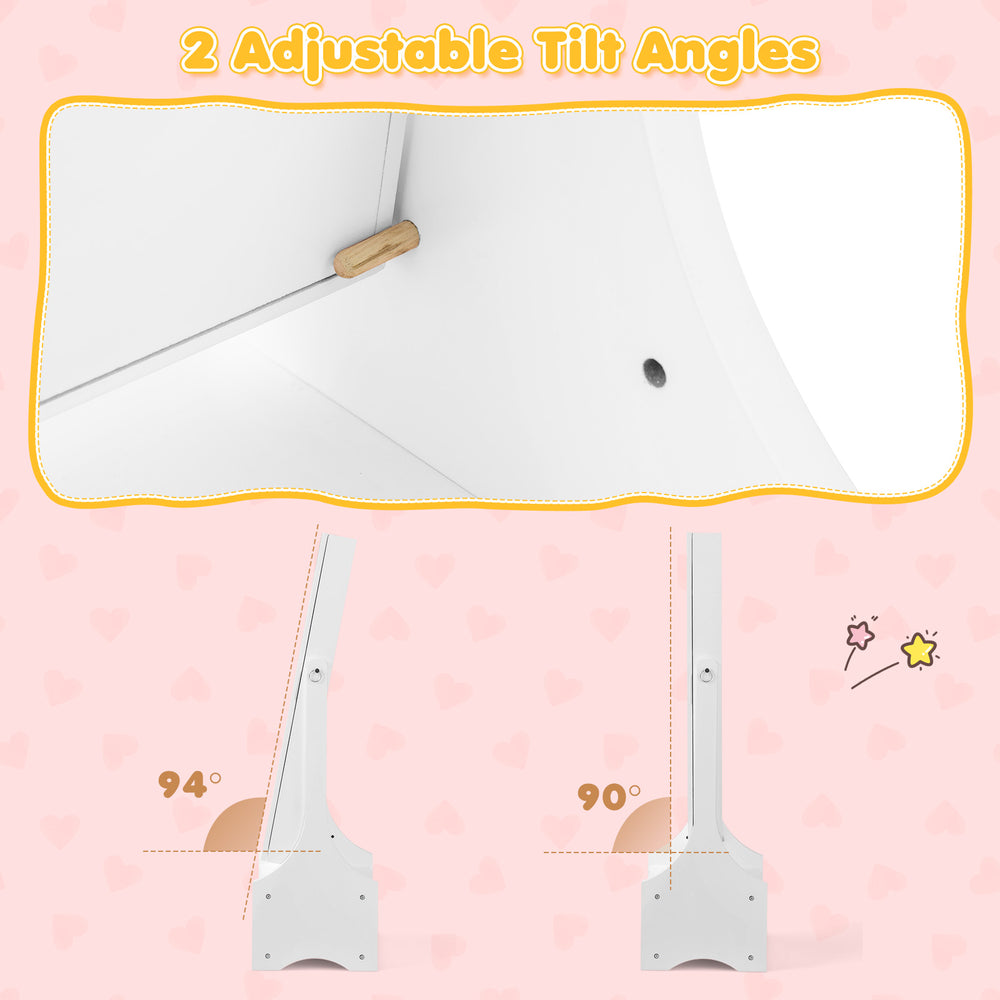 Adjustable tilt angles of the white freestanding kids jewelry armoire cabinet for optimal viewing and storage.