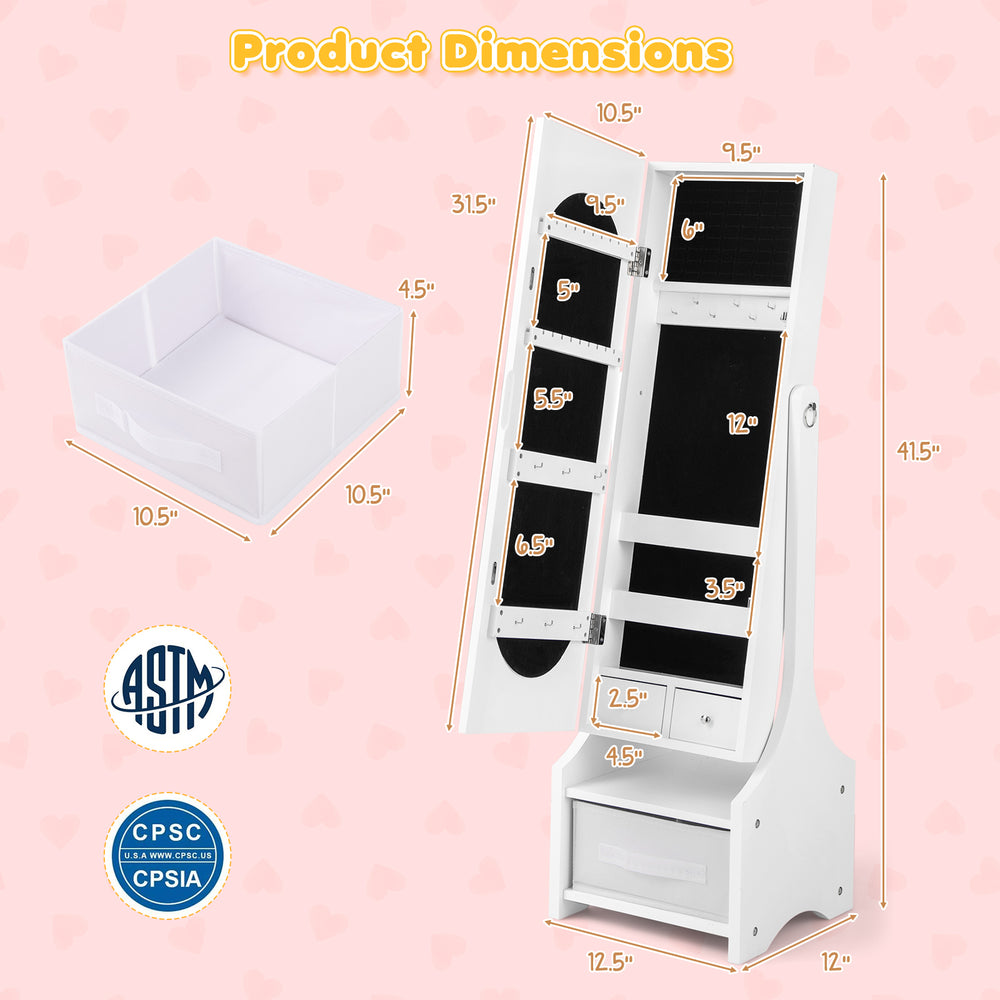 Freestanding kids jewelry armoire cabinet in white, featuring storage compartments and adjustable tilt angles for.