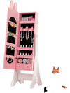 Kids jewelry armoire cabinet in pink and white, featuring a large capacity and two tilt angles for easy access.