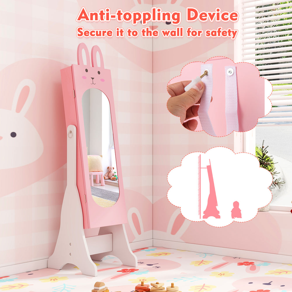 Kids jewelry armoire cabinet in pink with anti-toppling device, featuring a large capacity and two tilt angles for.