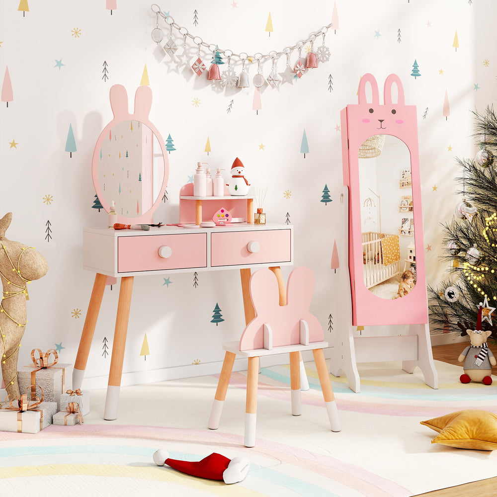 Kids jewelry armoire cabinet in pink with large capacity and mirror, perfect for children's rooms and play areas.