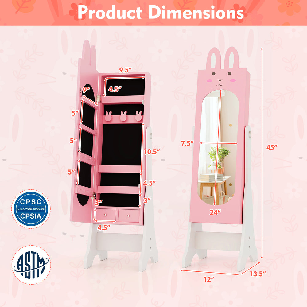 Kids jewelry armoire cabinet in pink with mirror, featuring large capacity and two tilt angles, dimensions 13.5" x 12".