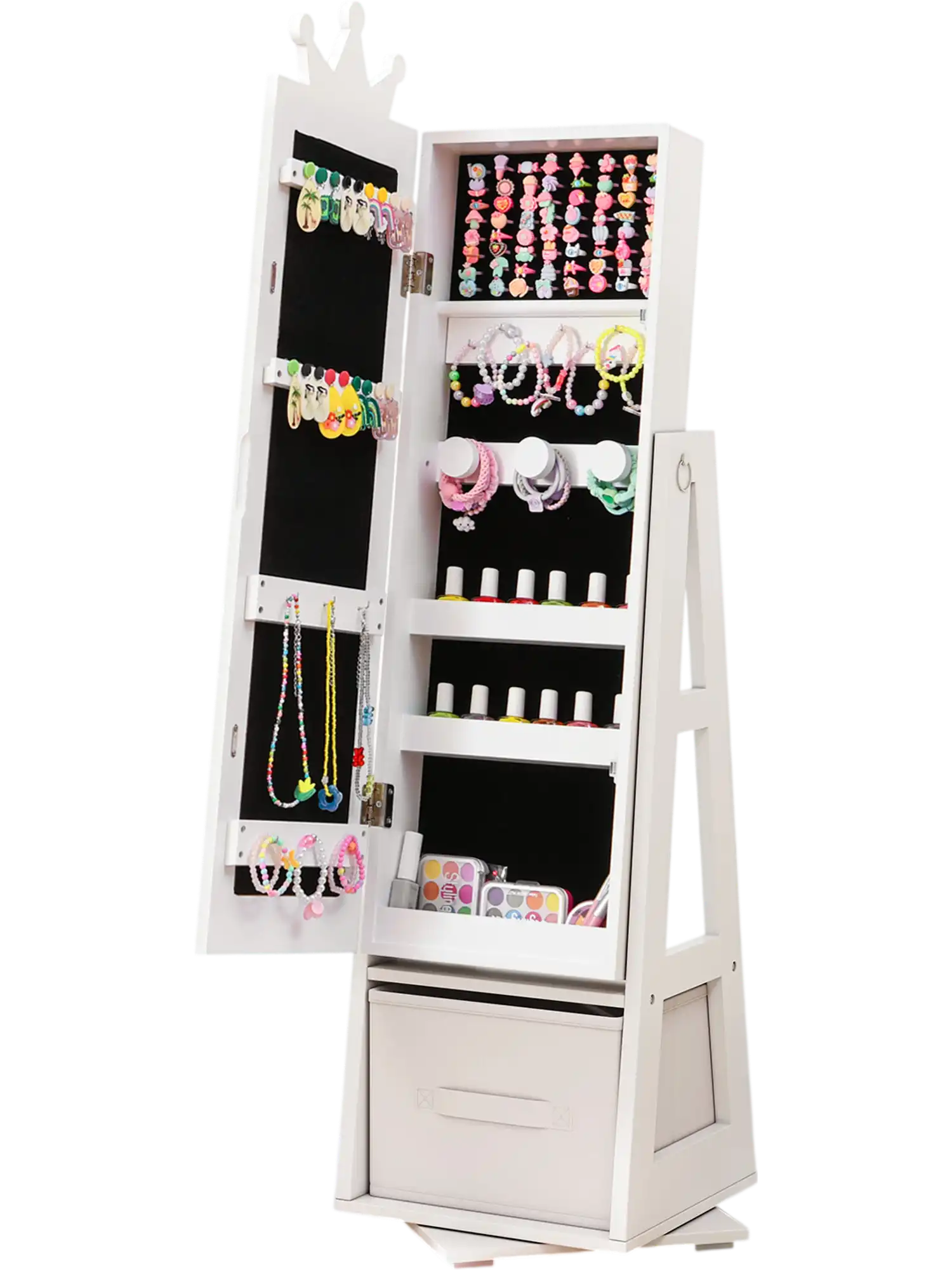 Costway Kids Jewelry Armoire Cabinet Swivel Base White 28954137 New