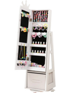 Kids jewelry armoire cabinet in white with swivel base, full-length mirror, and large storage capacity for accessories.