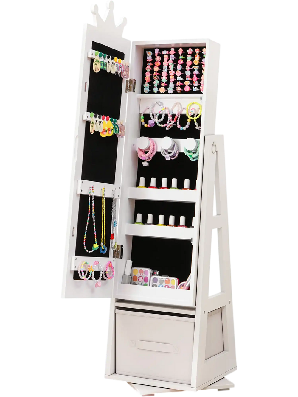 Kids jewelry armoire cabinet in white with swivel base, full-length mirror, and large storage capacity for accessories.