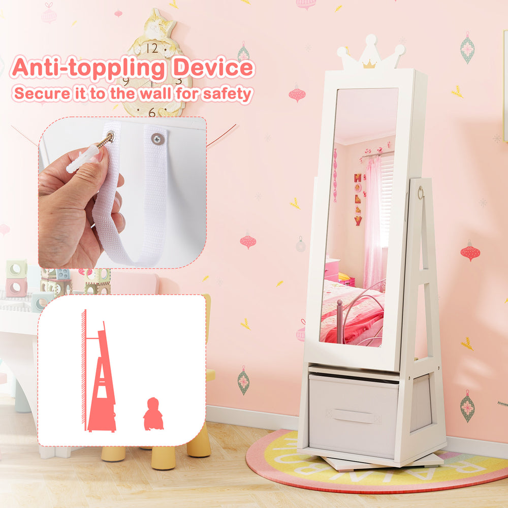 Kids jewelry armoire cabinet in white with full-length mirror, swivel base, and anti-toppling device for safety.
