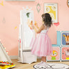 Kids jewelry armoire cabinet with full-length mirror and swivel base, featuring ample storage for accessories in white.