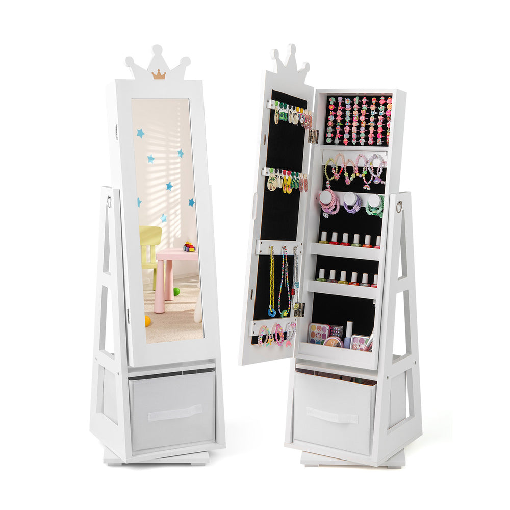 Kids jewelry armoire cabinet in white with full-length mirror, swivel base, and large storage capacity for accessories.