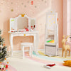 Kids jewelry armoire cabinet in white with full-length mirror and swivel base, perfect for storing accessories.