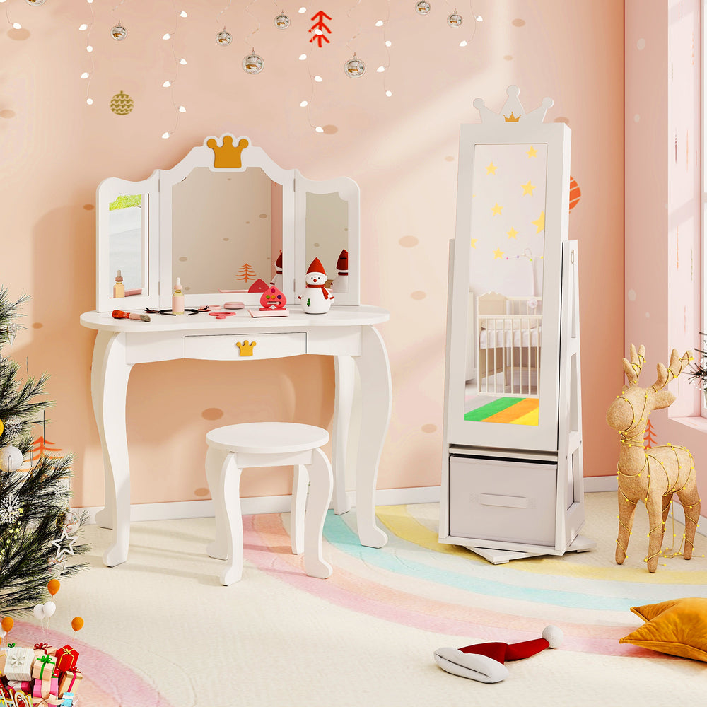 Kids jewelry armoire cabinet in white with full-length mirror and swivel base, perfect for storing accessories.
