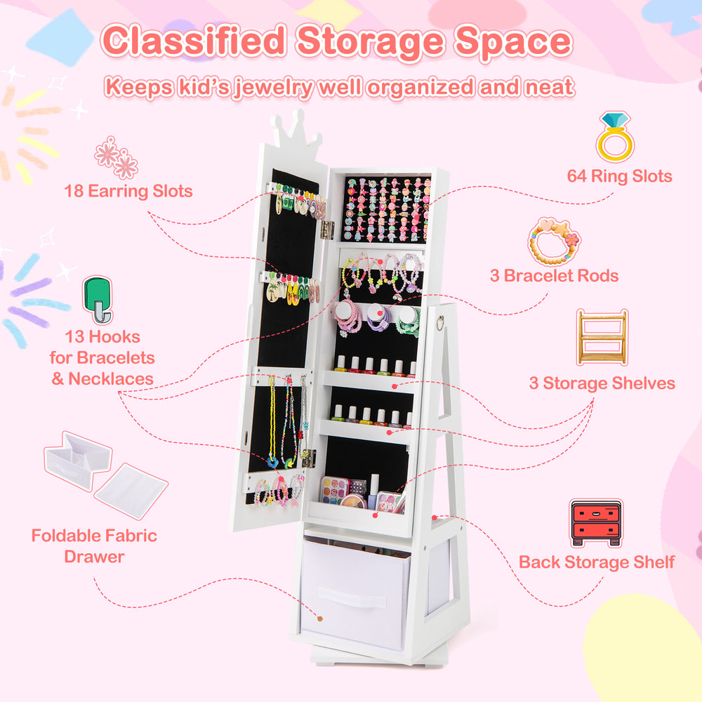 Kids jewelry armoire cabinet in white with swivel base, featuring 18 earring slots, 64 ring slots, and 3 storage.