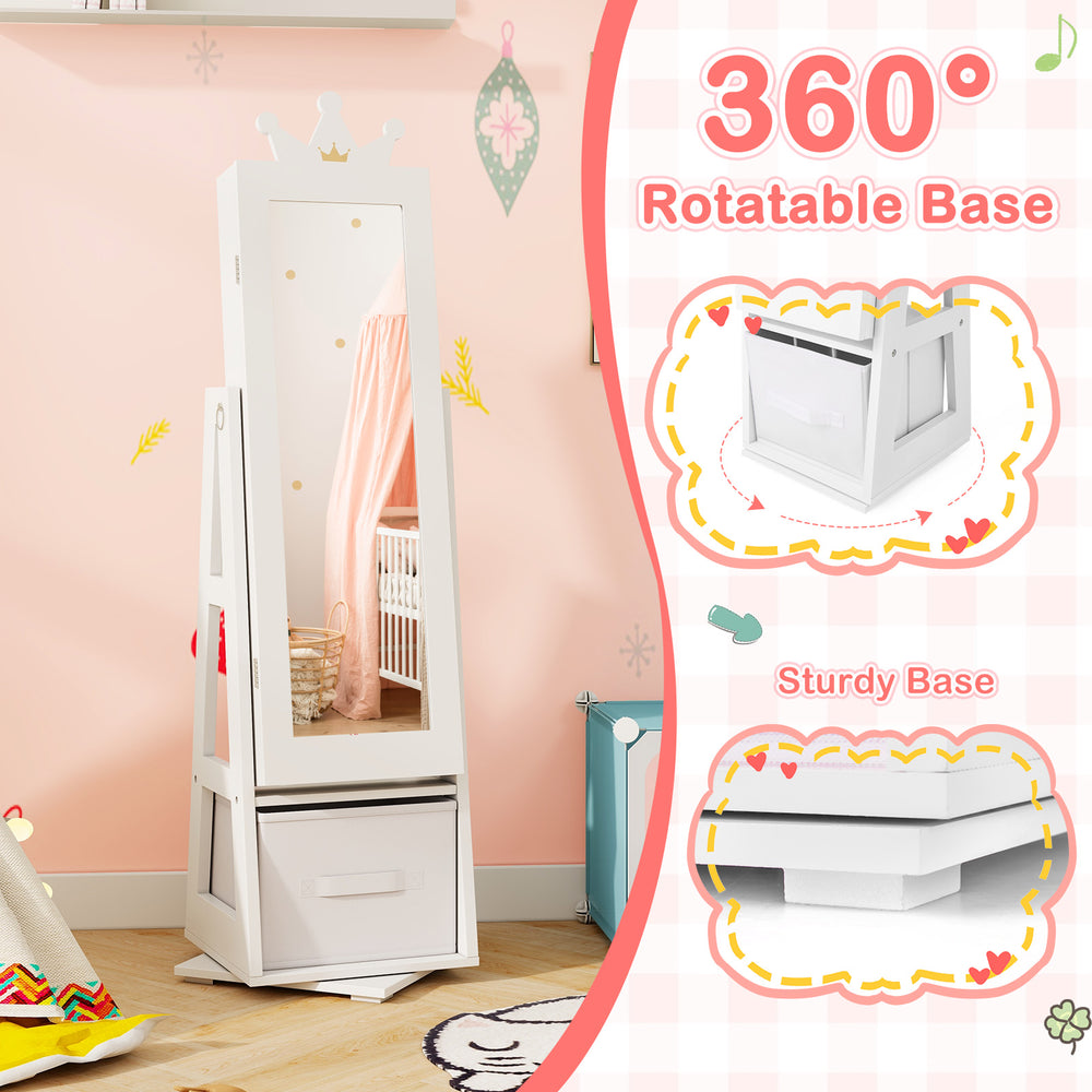 Kids jewelry armoire cabinet in white with a swivel base, full-length mirror, and ample storage for accessories.