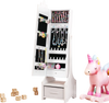 Kids jewelry cabinet in white with full-length mirror, featuring storage compartments and adjustable tilt angles for.