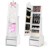 Kids jewelry cabinet with full-length mirror, white finish, featuring storage compartments and adjustable tilt angles.