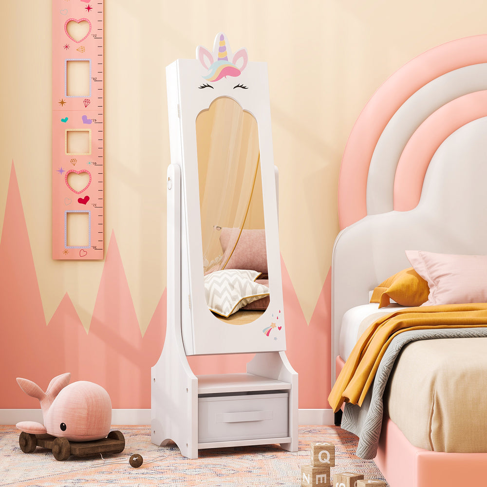 Kids jewelry cabinet with full-length mirror in white, featuring storage compartments and adjustable tilt angles for.