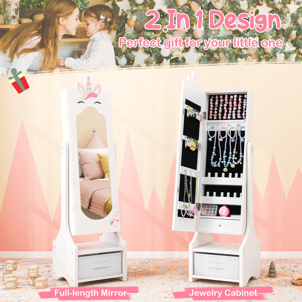 Kids jewelry cabinet with full-length mirror in white, featuring storage compartments and adjustable tilt for kids'.