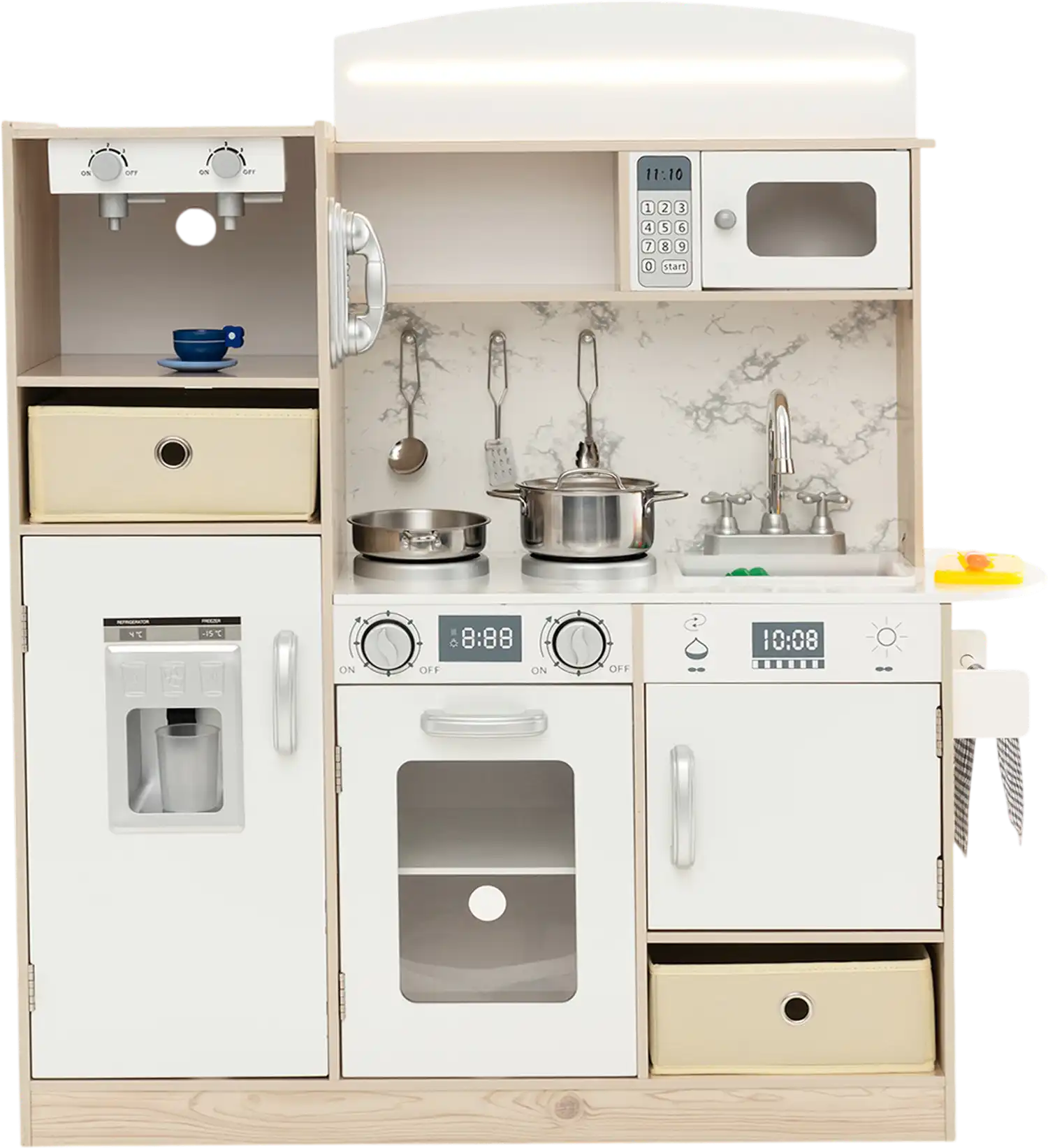 Costway Kids Wooden Kitchen Playset Adjustable LED Lights Removable Fabric Bins White 59634287 New