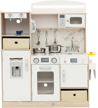 Costway Kids Wooden Kitchen Playset Adjustable LED Lights Removable Fabric Bins White 59634287 New