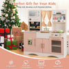 Kids kitchen playset in pink with microwave, coffee maker, and double stoves for imaginative cooking fun.