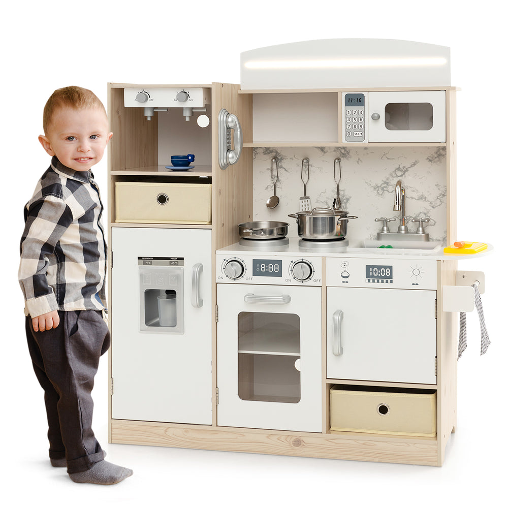Kids kitchen playset in white with LED lights, removable sink, and various accessories for imaginative play.