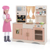 Kids kitchen playset in pink featuring a microwave, coffee maker, and oven, perfect for imaginative cooking play.