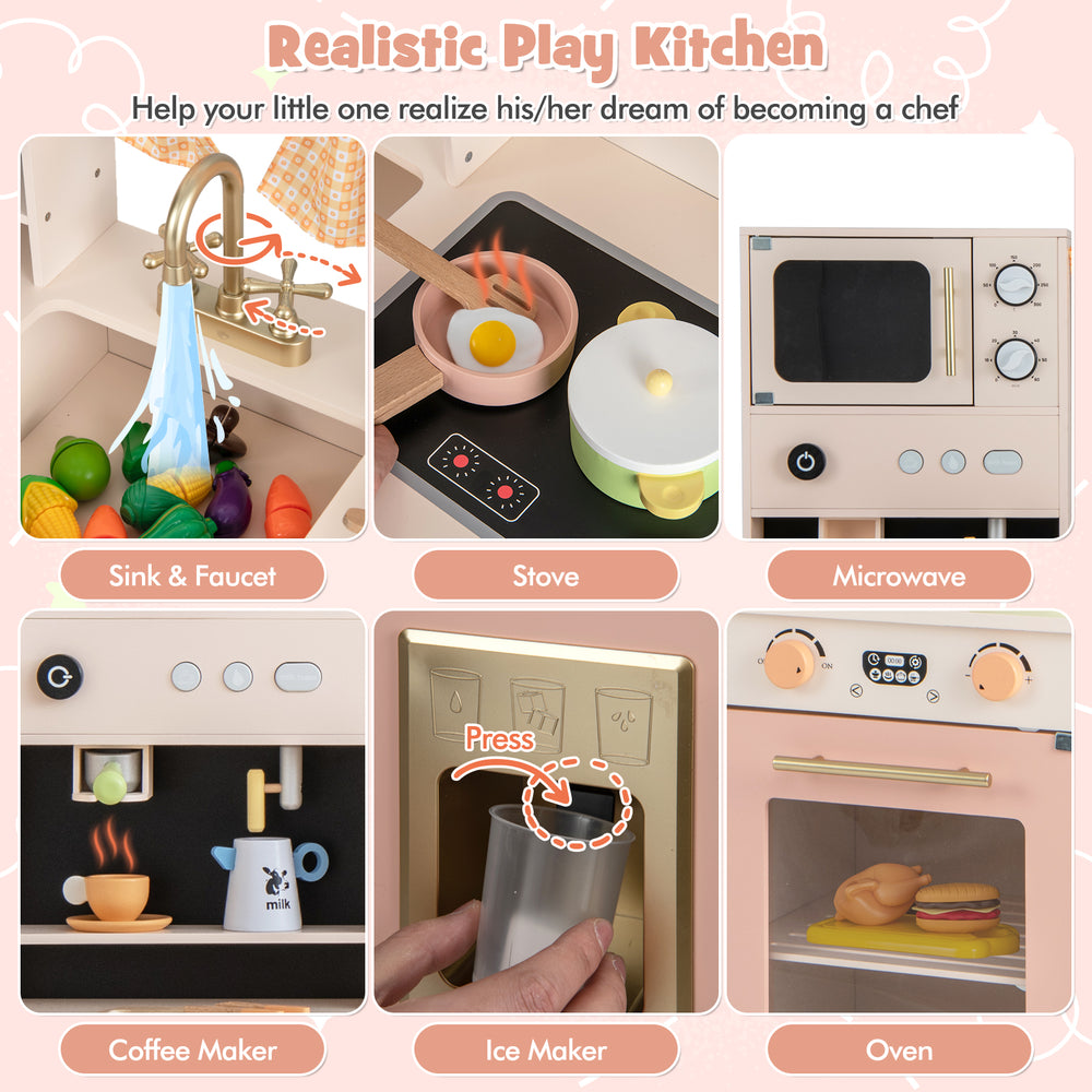 Kids kitchen playset featuring a pink microwave, coffee maker, and stove for imaginative cooking fun.