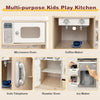 Kids kitchen playset featuring a coffee maker, microwave, and adjustable LED lights for interactive play.