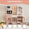 Kids kitchen playset in pink featuring a microwave, coffee maker, and multiple storage cabinets for imaginative play.