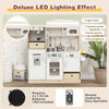 Kids kitchen playset in white featuring adjustable LED lights, removable bins, and various cooking accessories for.