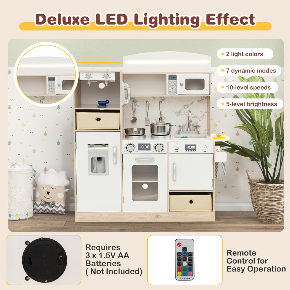 Kids kitchen playset in white featuring adjustable LED lights, removable bins, and various cooking accessories for.