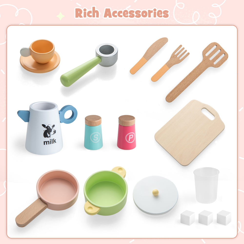 Colorful wooden kitchen accessories including cups, utensils, and a cutting board for kids' cooking playsets.