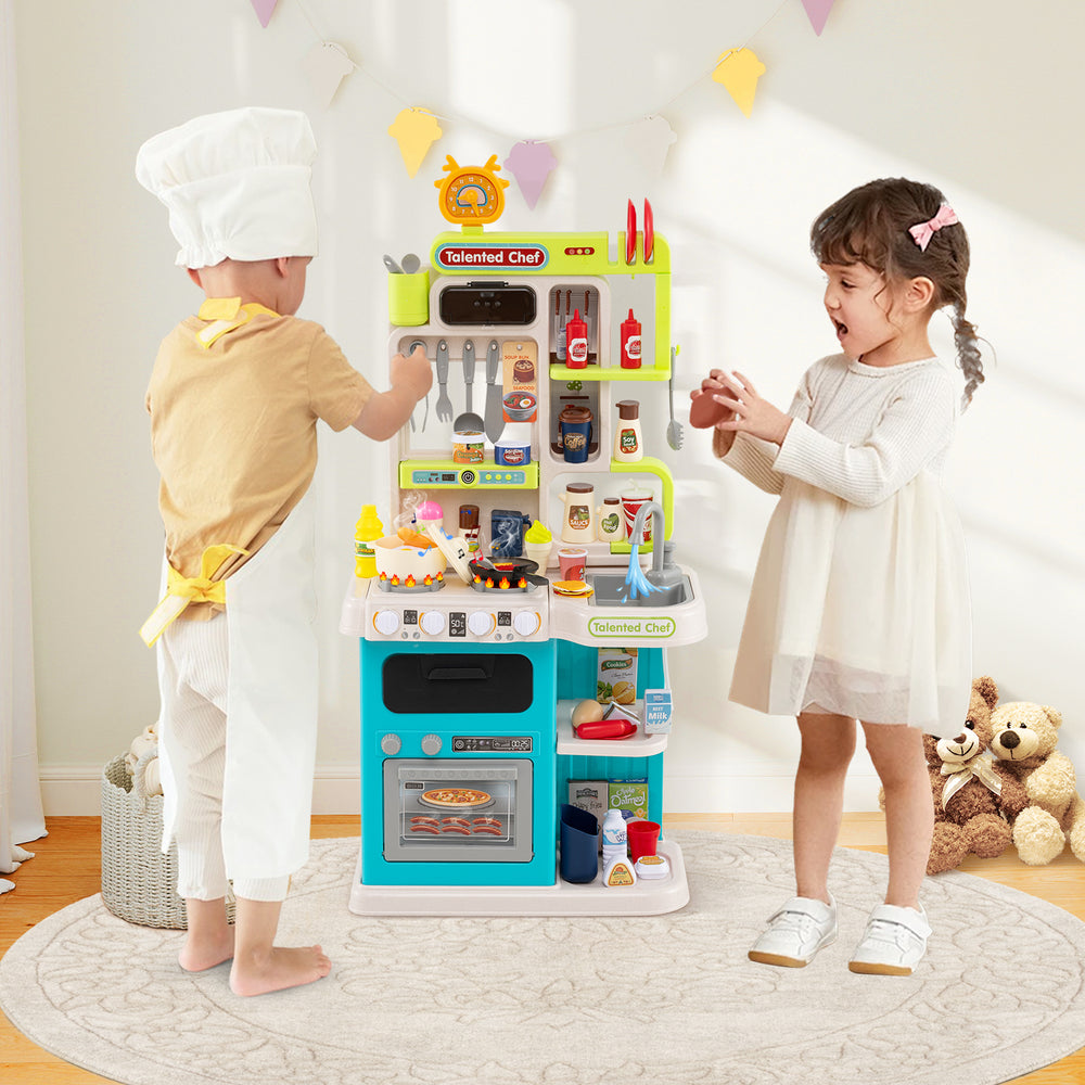 Kids kitchen playset in blue featuring realistic sounds, lights, and 95 accessories for imaginative cooking fun.