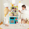 Kids kitchen playset in blue featuring realistic sounds, lights, and 95 accessories for imaginative cooking fun.