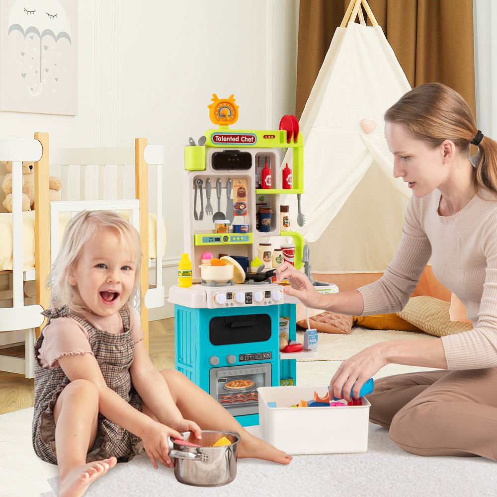 Kids kitchen playset in blue with realistic sounds, lights, and accessories for imaginative pretend play.