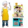 Kids kitchen playset in blue with realistic sounds, lights, and 95 accessories for imaginative pretend play.