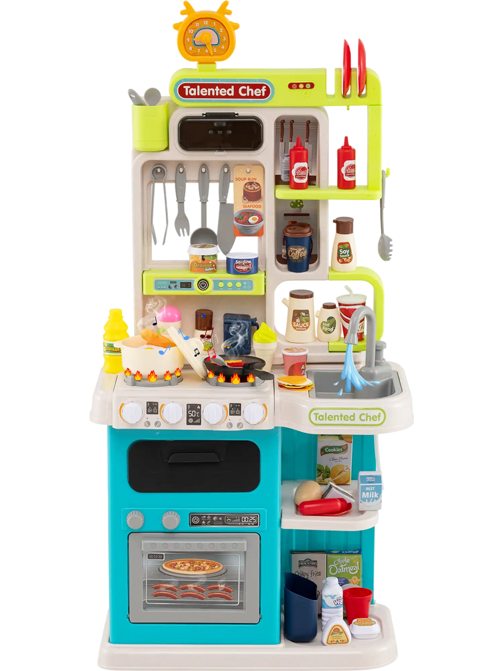 Kids kitchen playset in blue with a realistic oven and pizza, enhancing imaginative cooking experiences for children.