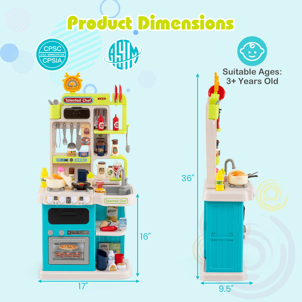 Kids kitchen playset in blue, featuring realistic sounds and lights, with dimensions 36" x 17" x 9.5", ideal for ages.