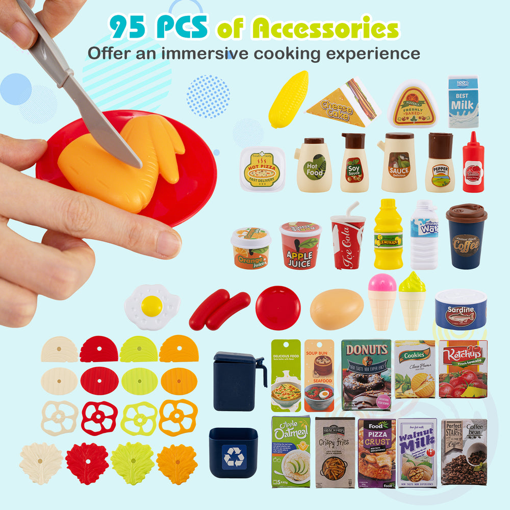 Colorful 95-piece accessory set for the Kids Kitchen Playset, enhancing imaginative pretend cooking experiences.