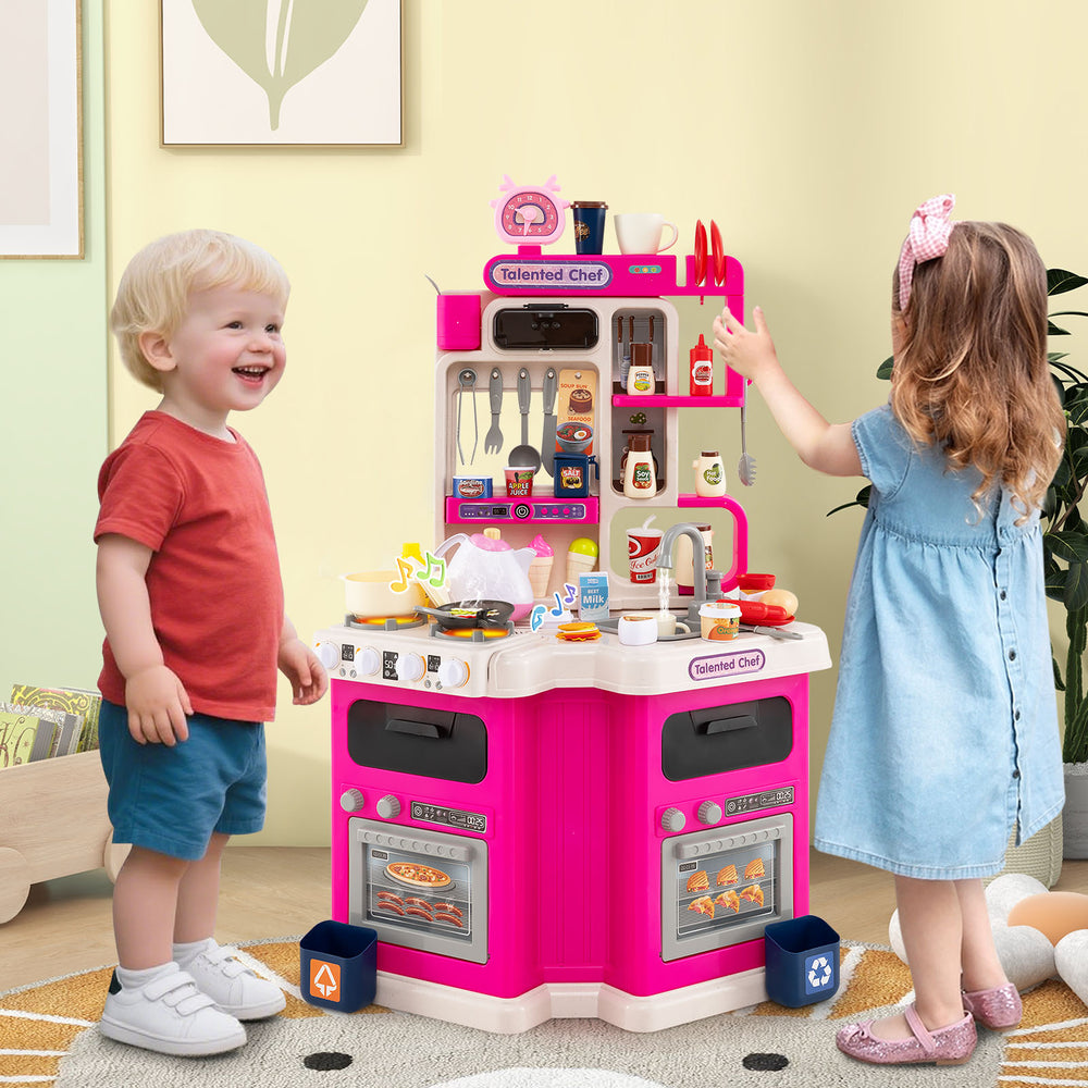 Kids Kitchen Playset Corner Play Kitchen with Realistic Sounds and Lights-Pink - Gallery View 1 of 8