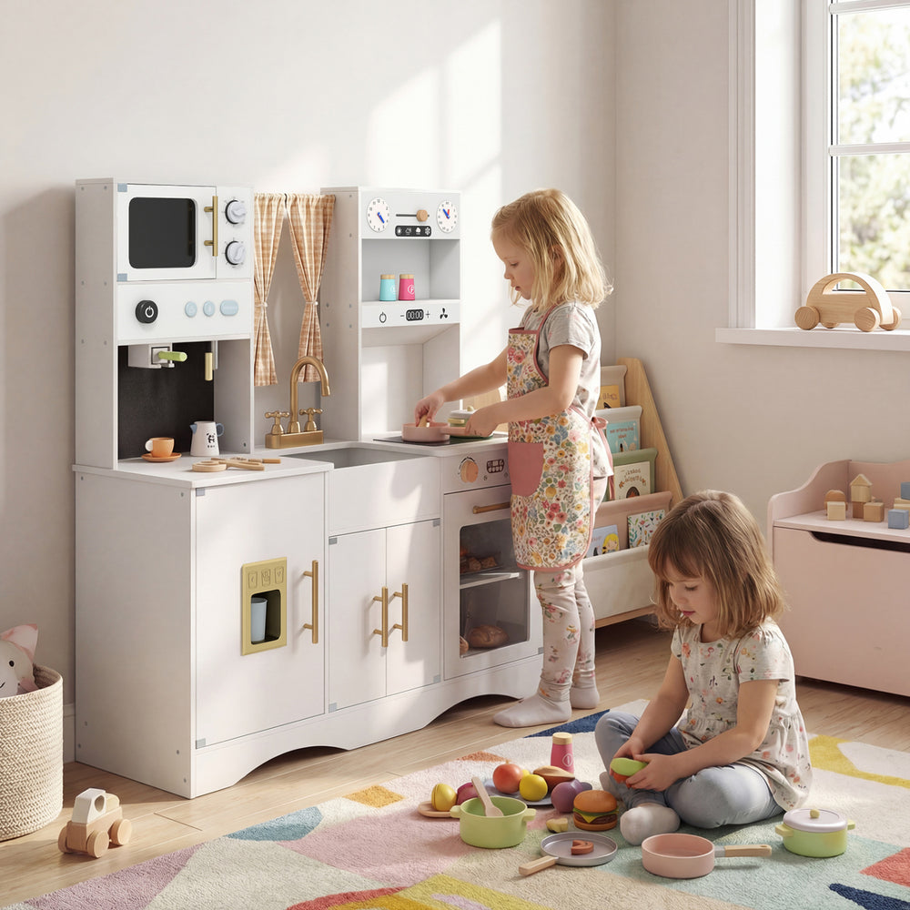 Kids Kitchen Playset with Microwave and Coffee Maker for Ages 3+-White - Gallery View 1 of 12