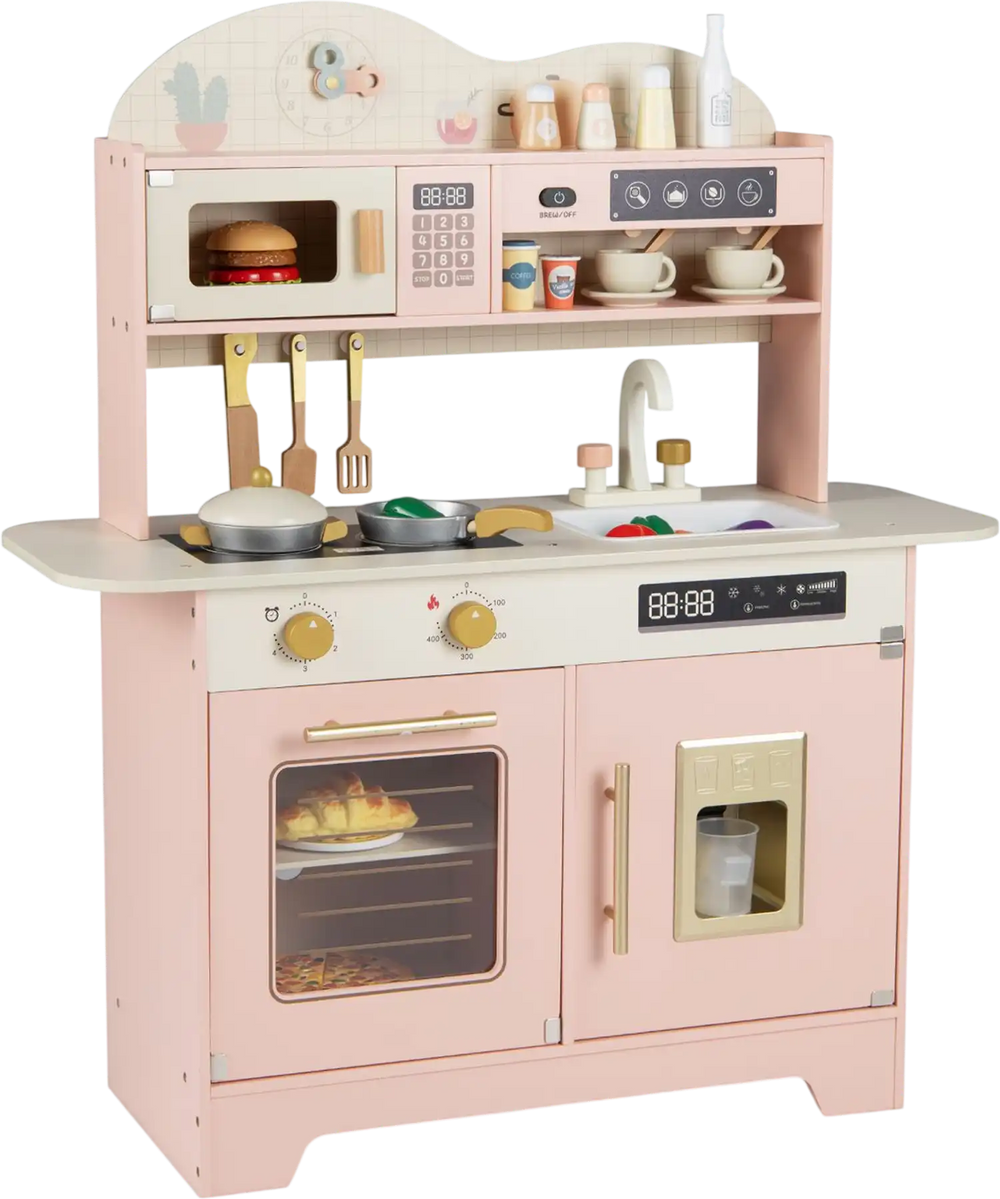 Kids kitchen playset with a detailed microwave, coffee maker, and oven, designed for fun and imaginative play.
