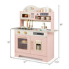 Kids kitchen playset in pink with oven, ice maker, and 17 accessories for imaginative cooking fun and sensory development.