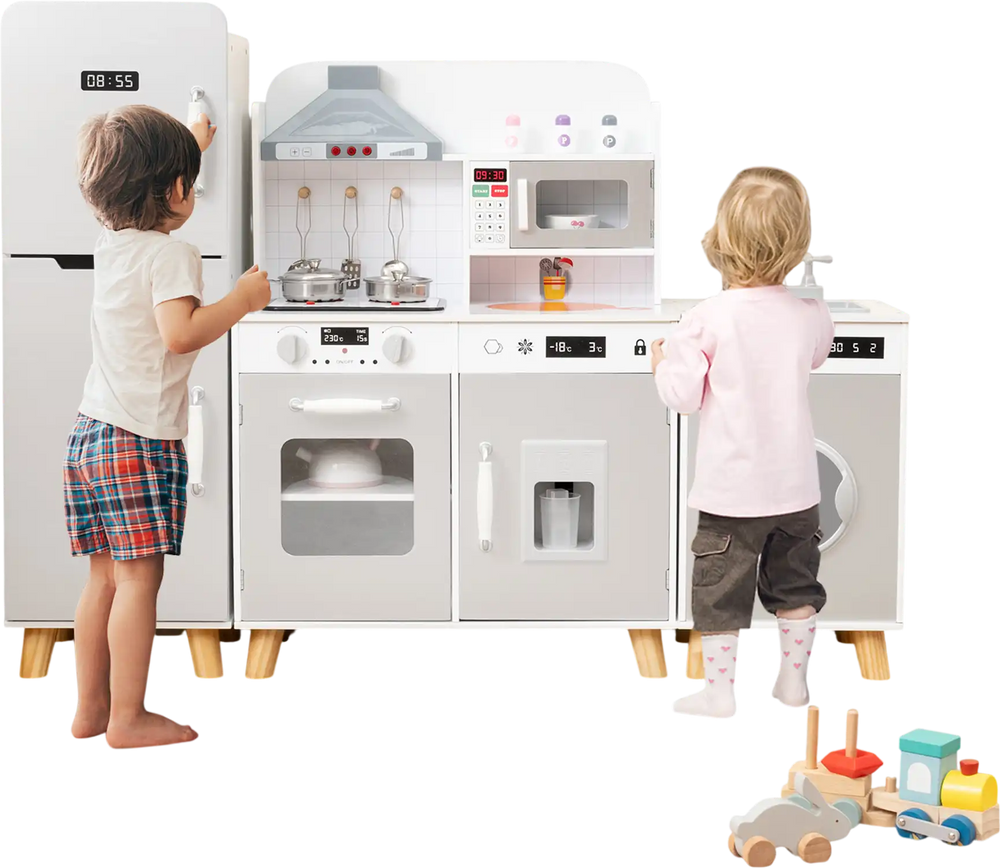 Kids kitchen playset with refrigerator and washing machine, featuring interactive burners and ample storage for play.