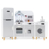 Kids kitchen playset featuring a refrigerator, washing machine, and stove with lights, ideal for imaginative role play.