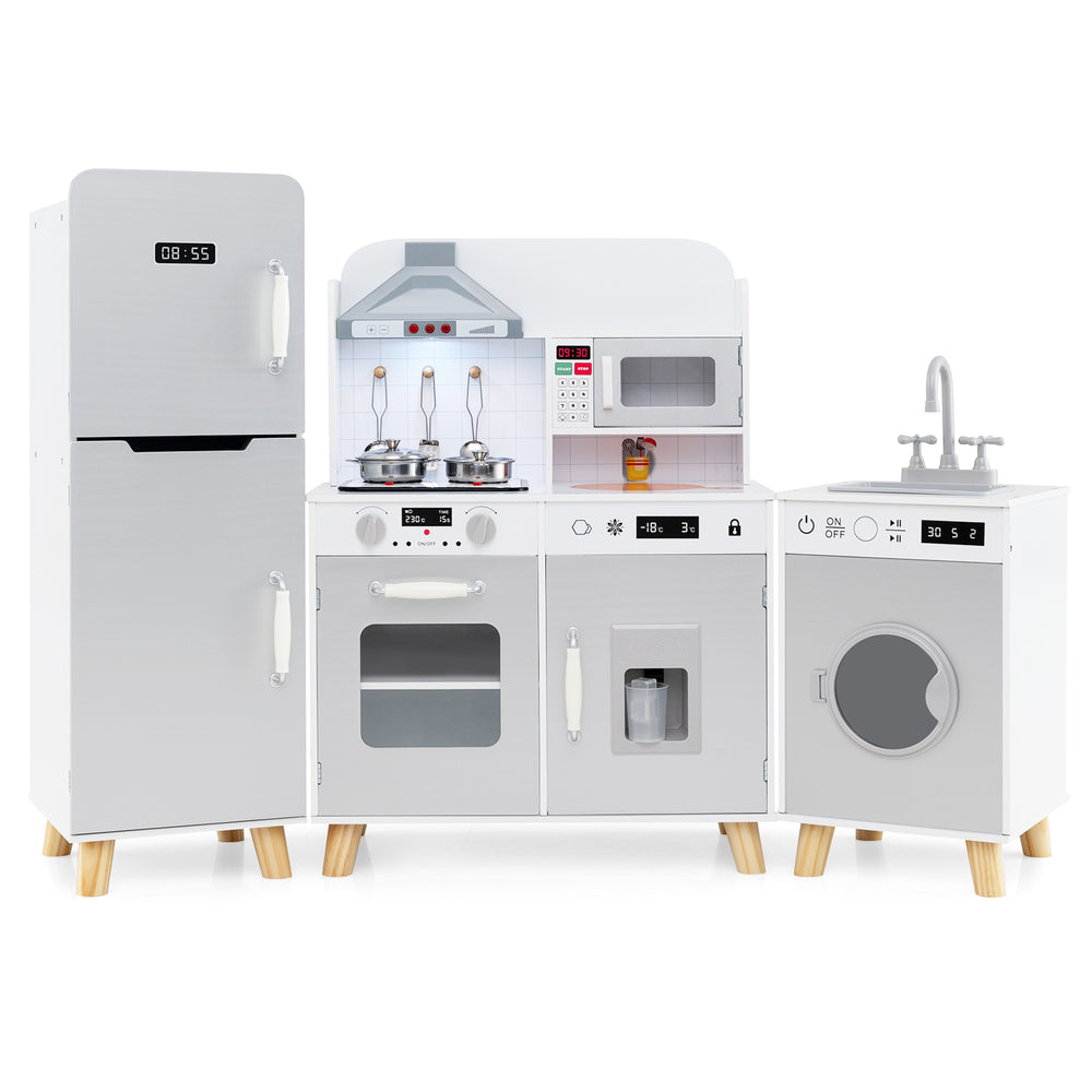 Kids kitchen playset featuring a refrigerator, washing machine, and stove with lights, ideal for imaginative role play.