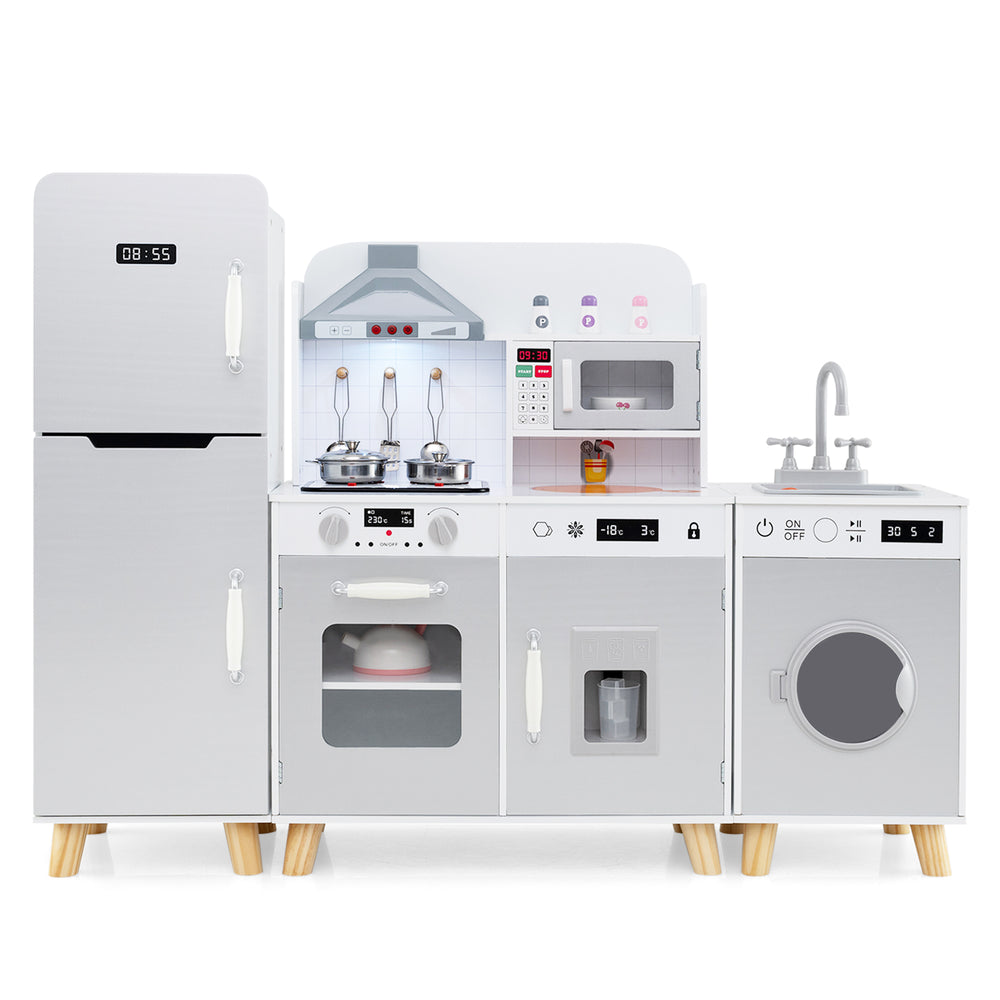 Kids kitchen playset with refrigerator, washing machine, and interactive stove, designed for creative role-playing fun.