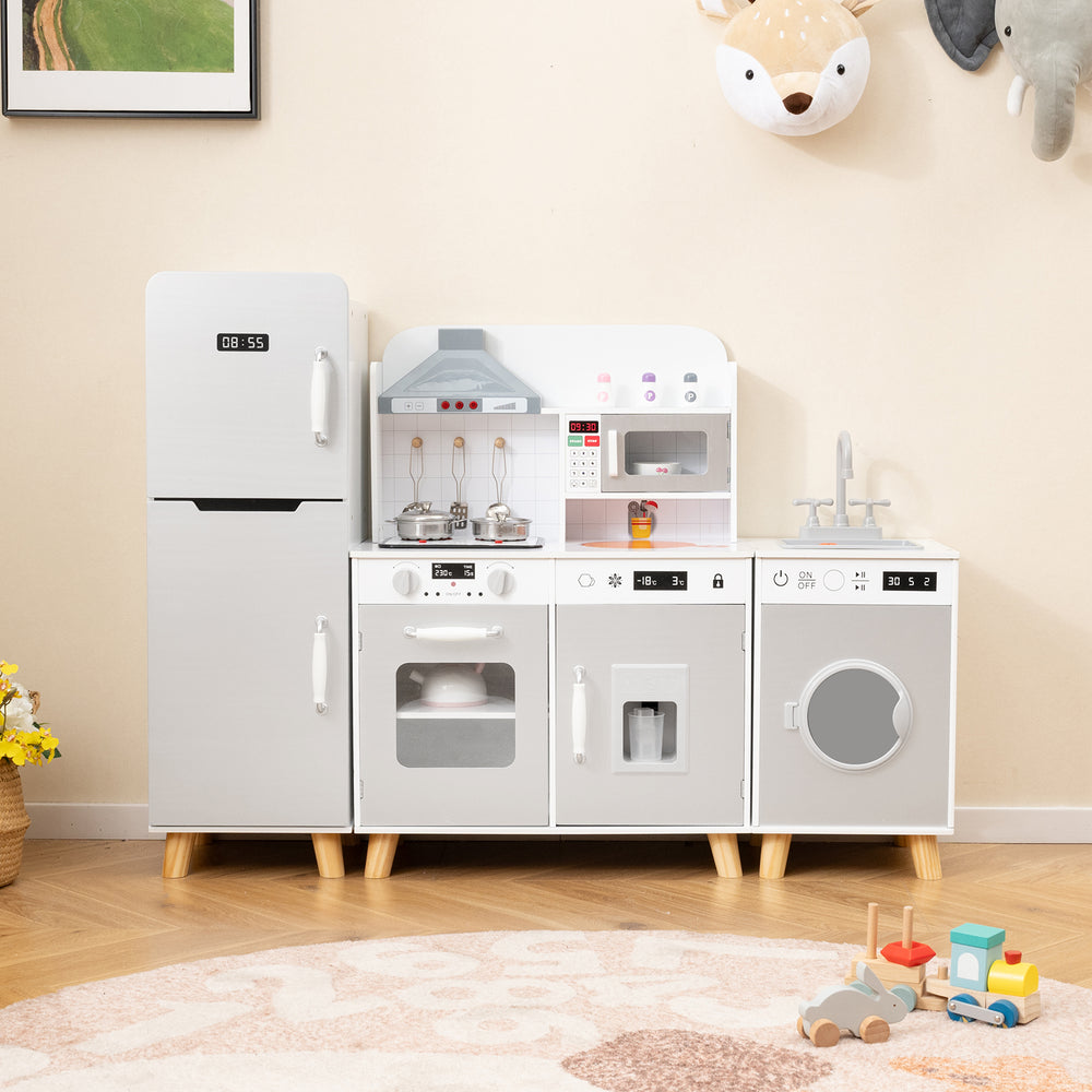 Kids kitchen playset in gray featuring a refrigerator, washing machine, and immersive cooking accessories for creative.
