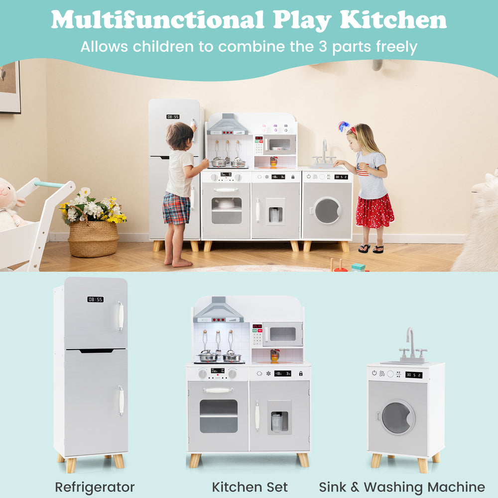 Kids kitchen playset featuring a gray refrigerator, kitchen set, and washing machine for imaginative role-playing fun.